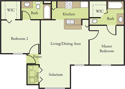 Floor plan for 2 beds, 2 baths, 954 sqft